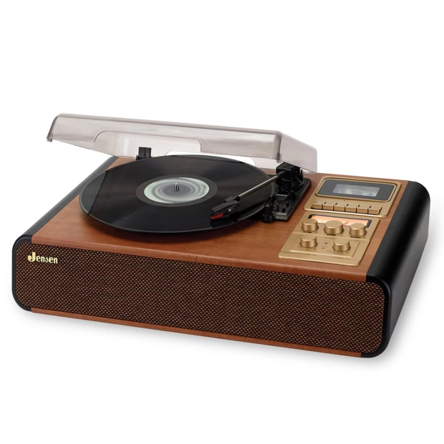 Jensen 3-Speed Stereo Turntable with Cassette Player, AM/FM Radio, and Recording Functionality