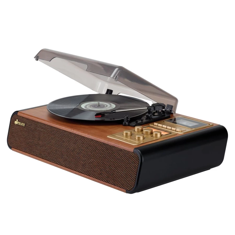 Jensen 3-Speed Stereo Turntable with Cassette Player, AM/FM Radio, and Recording Functionality