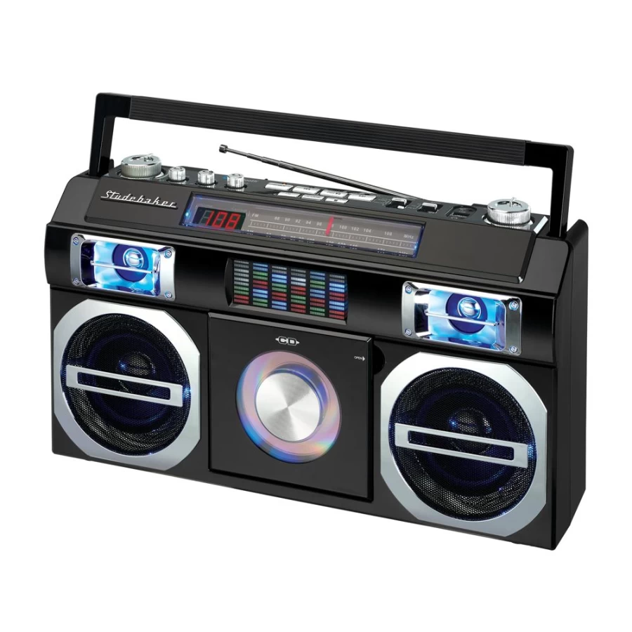 Studebaker Bluetooth Boombox with AM/FM Radio, CD Player, USB Port, MP3 Playback, 10W RMS Power, and 3-Way Power Options