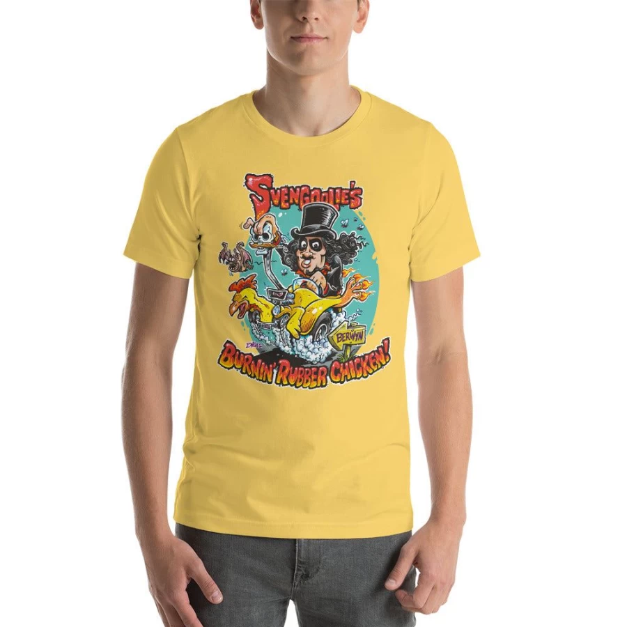 "MeTV Svengoolie Burnin' Rubber Chicken Graphic T-Shirt by Jim Engel (2022 Series)"