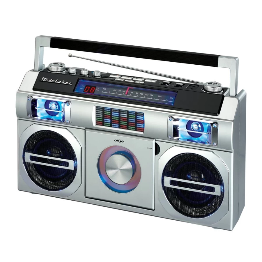 Studebaker Retro 80's Boombox with FM Radio, CD Player, LED Equalizer, 10W RMS Power, AC/DC Operation for Vintage Sound Lovers