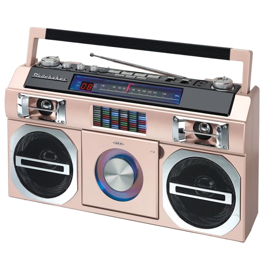 Studebaker Retro 80's Boombox with FM Radio, CD Player, LED Equalizer, 10W RMS Power, AC/DC Operation for Vintage Sound Lovers