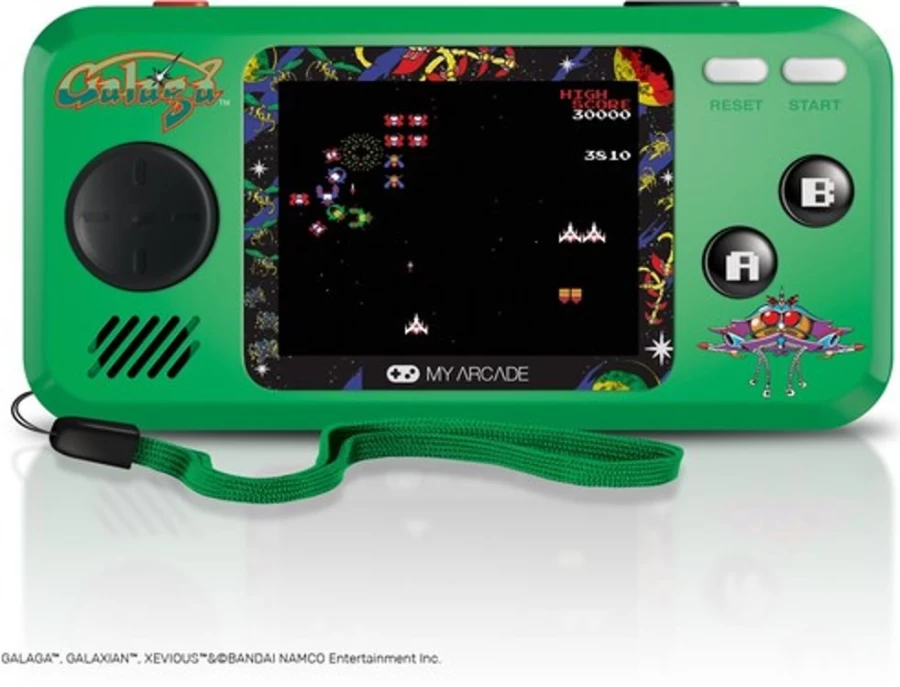 MeTV Entertainment Galaga Pocket Player - Portable Handheld Arcade Game System with Classic D-Gun L-3244 Design