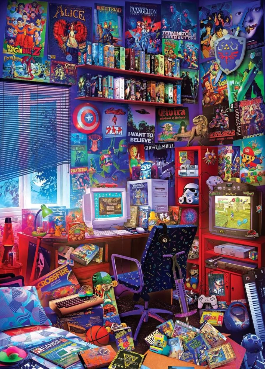 "Toynk 1000-Piece Jigsaw Puzzle - 90s Game Room Pop Culture Art by Rachid Lotf for Adults & Teens"