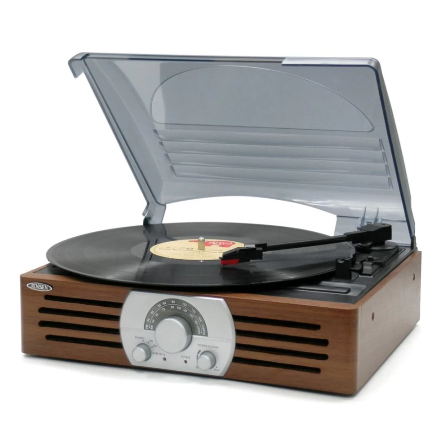 Jensen 3-Speed Turntable with AM/FM Radio, Pitch Control & Stereo Sound – Vintage Record Player for Vinyl Lovers