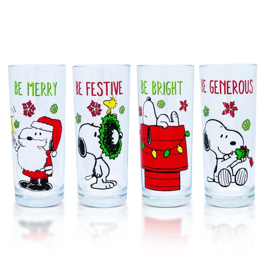 "Toynk Snoopy Holiday 10-Oz Pint Glass Set - 4 Peanuts-Themed Drinking Glasses"