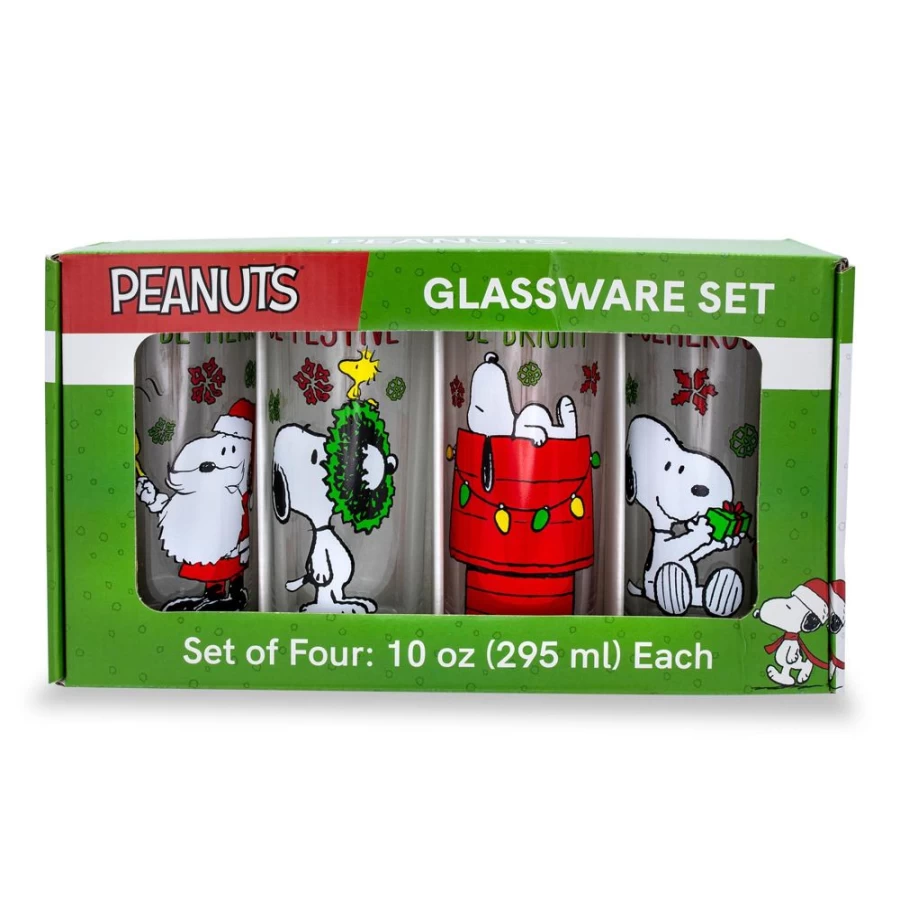 "Toynk Snoopy Holiday 10-Oz Pint Glass Set - 4 Peanuts-Themed Drinking Glasses"