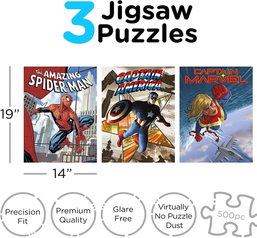 Toynk Marvel 500-Piece Jigsaw Puzzle Set - 3 Pack | Avengers, Spider-Man, Guardians of the Galaxy Superhero Puzzles