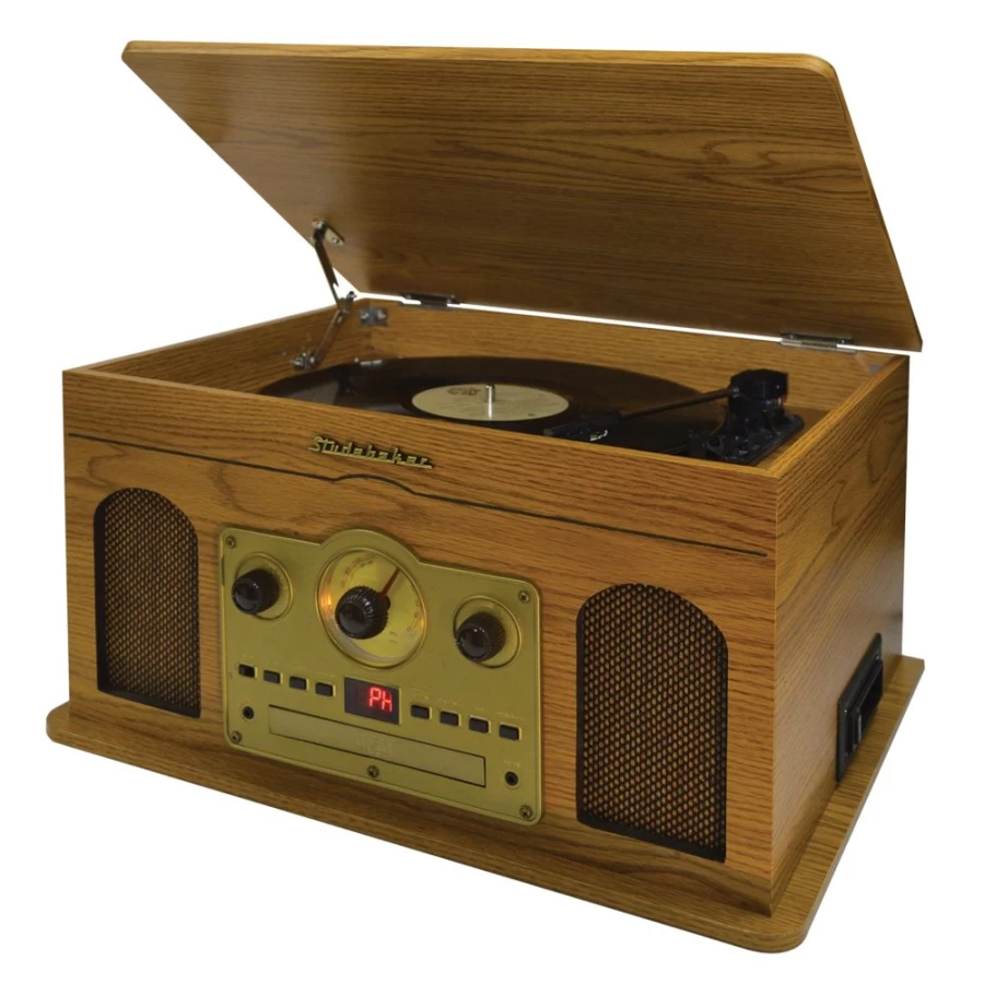 Studebaker Retro 5-in-1 Entertainment System with Vinyl Turntable, AM/FM Radio, CD Player, Cassette Deck, and AUX Input