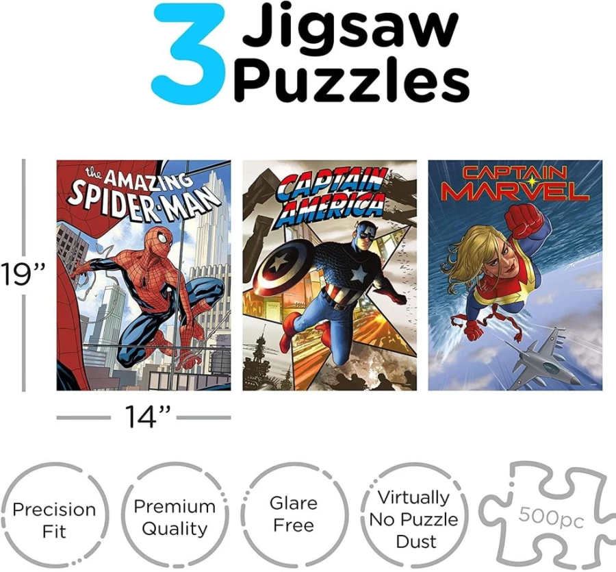 Toynk Marvel 500-Piece Jigsaw Puzzle Set of 3 | Avengers, Spider-Man, Guardians of The Galaxy | Collectible Puzzles for Adults & Kids