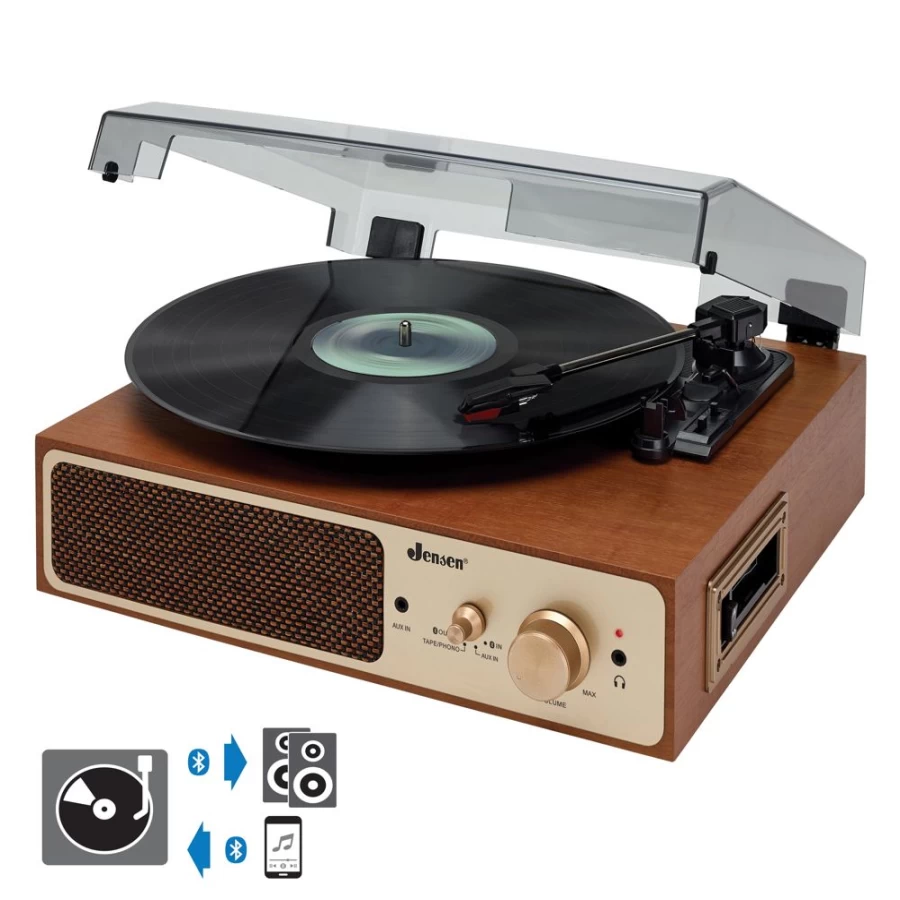 Jensen 3-Speed Bluetooth Turntable with Built-In Stereo Speakers | Wireless Audio Streaming & Receiving