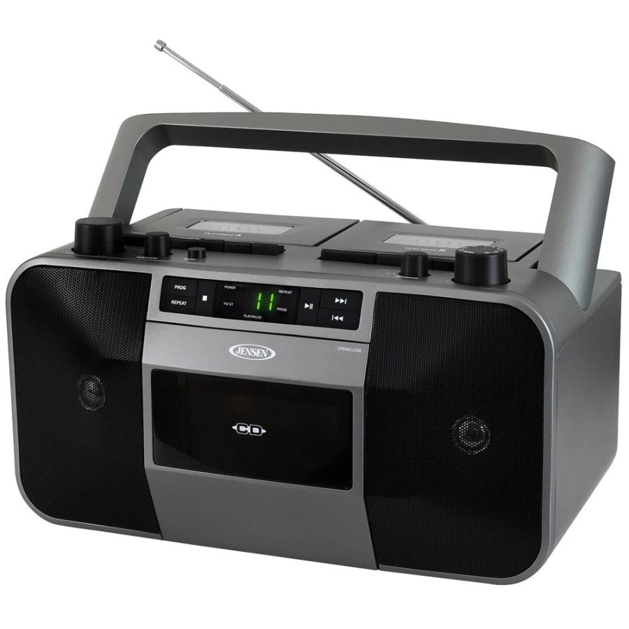 Jensen Portable CD Player with Cassette Deck Recorder, AM/FM Radio, Stereo Sound – Vintage Boombox for Music Lovers