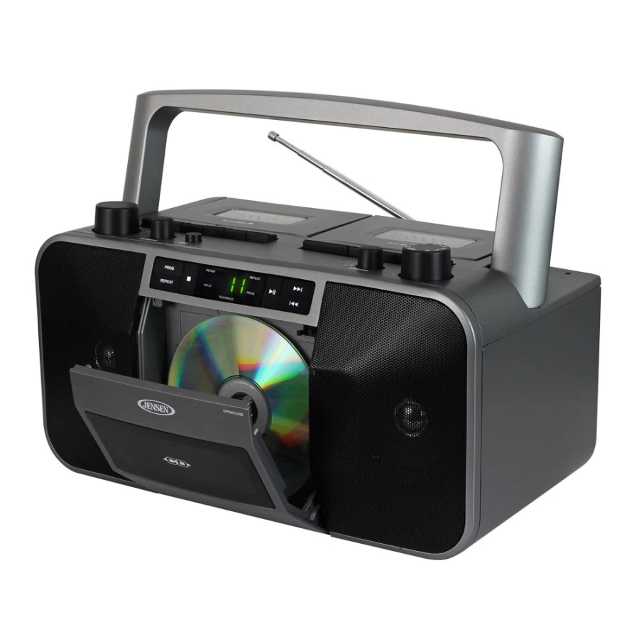 Jensen Portable CD Player with Cassette Deck Recorder, AM/FM Radio, Stereo Sound – Vintage Boombox for Music Lovers