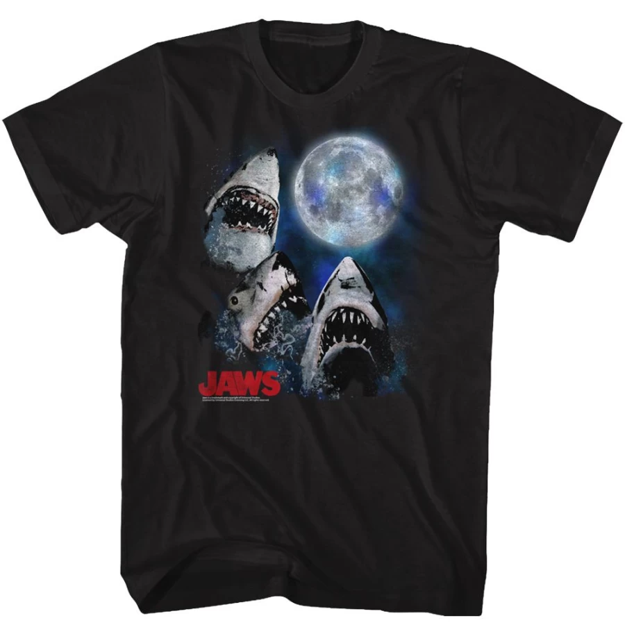 "MeTV Custom Brands Unisex Jaws Three Shark Moon T-Shirt - Classic Movie Design"