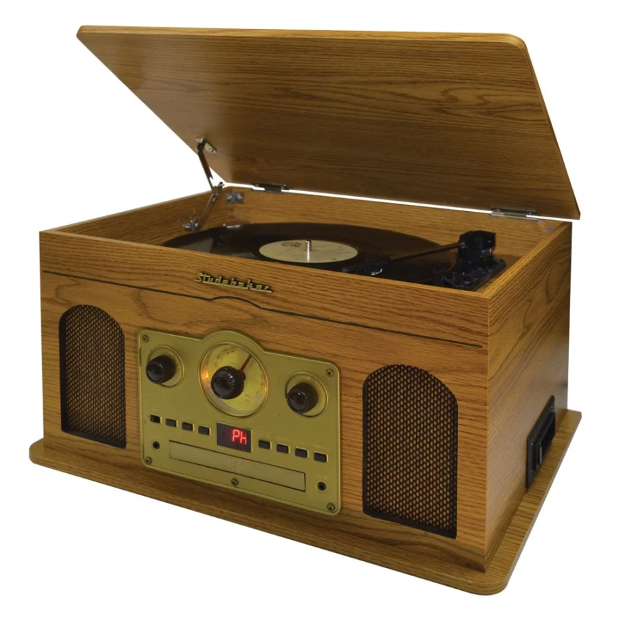 Studebaker Retro 5-in-1 Music System with Turntable, AM/FM Radio, CD Player, Cassette Deck, and Aux Input